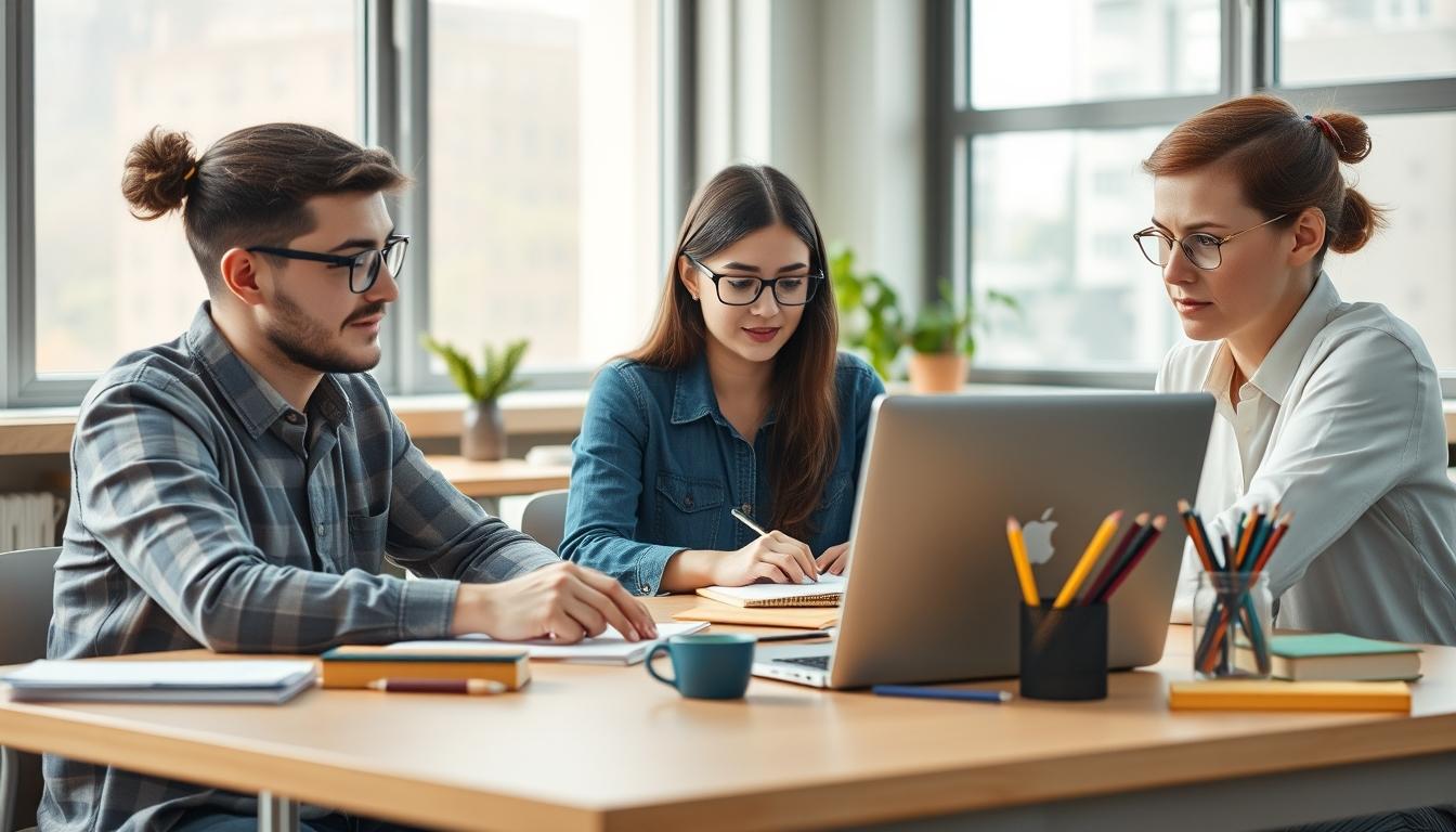 Students studying together in modern classroom